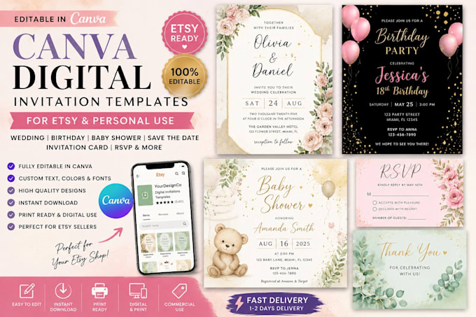 design editable canva digital invitation template for etsy