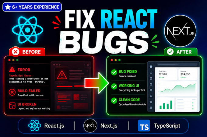debug and fix react js next js typescript applications