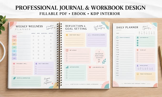 design journal, workbook, planner, book interior layout design magazine design