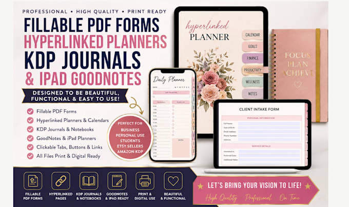 create hyperlinked goodnotes planners, fillable PDF forms and KDP journals