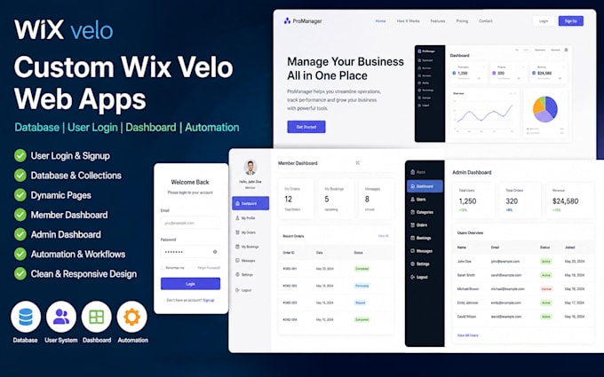 build wix velo web app database user login dashboard automation