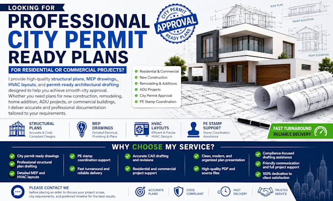 city permit ready plan, structural plan, mep, hvac, pe stamp for include state