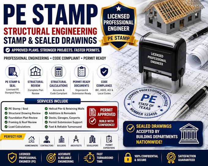 provide pe stamp, structural engineering stamp, sealed drawings permit approval