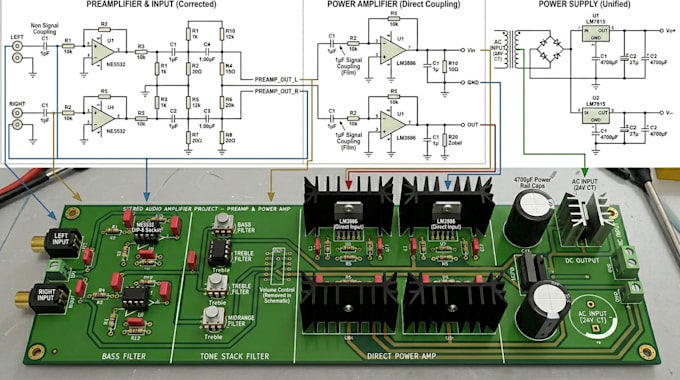 do schematic and pcb design for power audio amplifiers and preamplifiers