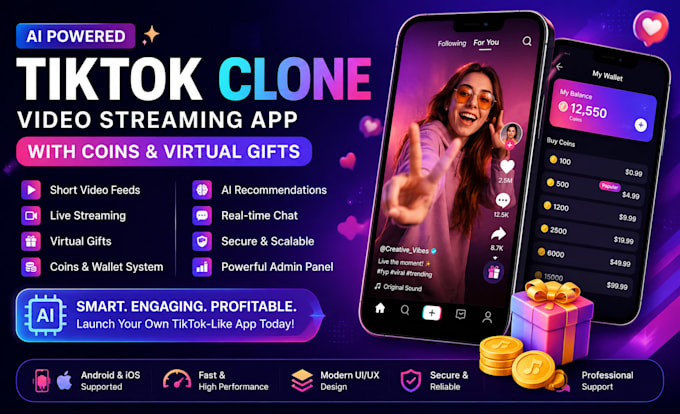 develop ai tiktok clone app video streaming app with coins and virtual gifts