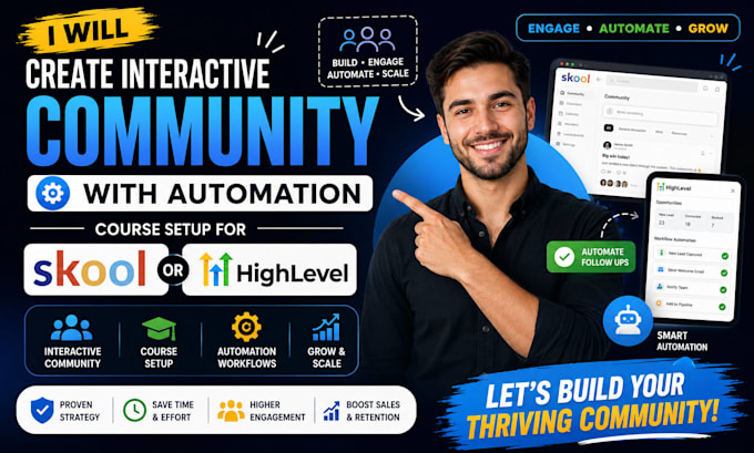create interactive community with automation, course setup for skool or ghl