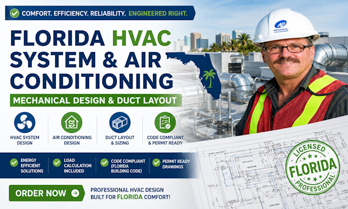 prepare florida mechanical hvac system, air conditioning design and duct layout