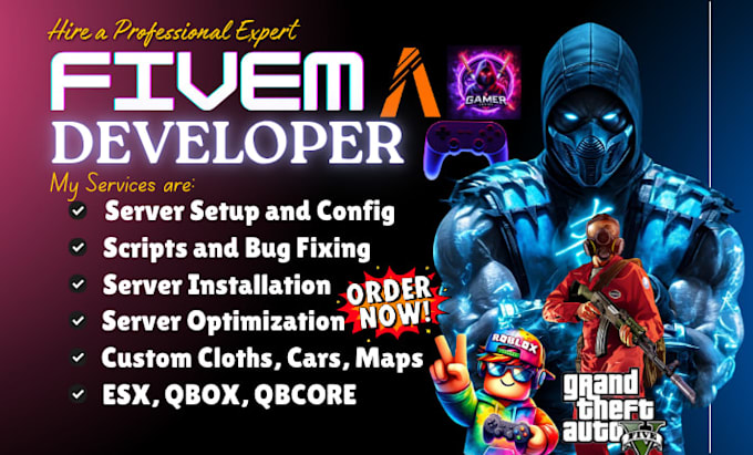 be your fivem developer for esx qbcore server scripts  bug fixes discord server