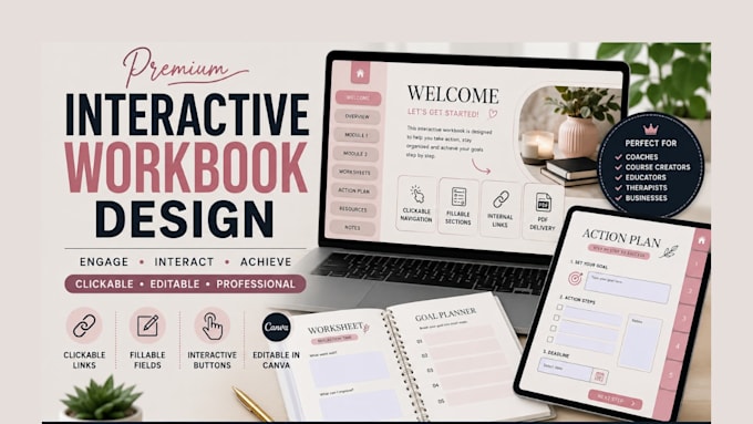 design interactive workbook, activity book, editable PDF document or checklist
