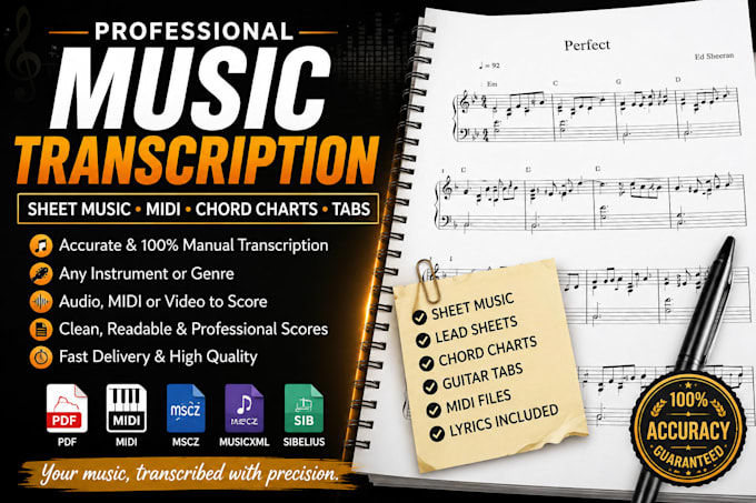transcribe audio chord charts lead sheets tabs sheet music in 1 hour