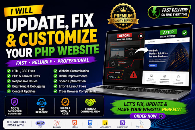 fix PHP laravel website bugs errors and responsive issues