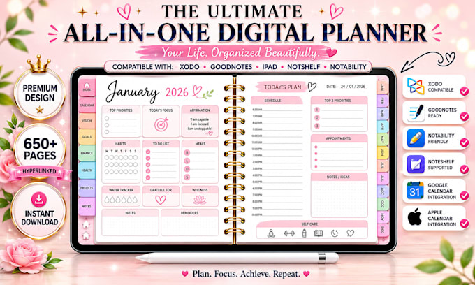 etsy digital planner, hyperlinked planner, integrate google and apple calendar