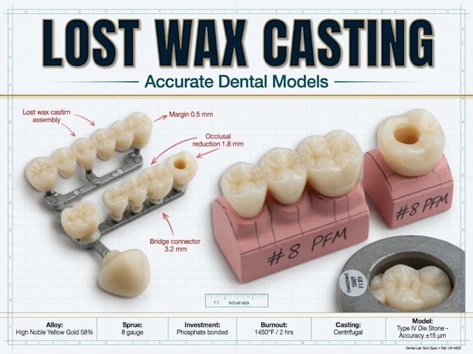design 3d dental crown bridges implant and partial dentures and lost wax casting