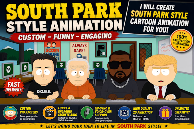 make a professional south park style character 2d animation