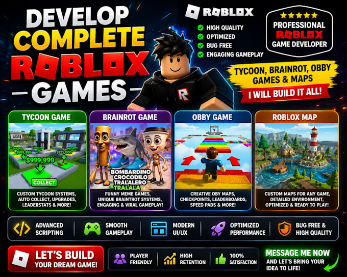 develop a complete roblox tycoon game, brainrot game, roblox map and obby game