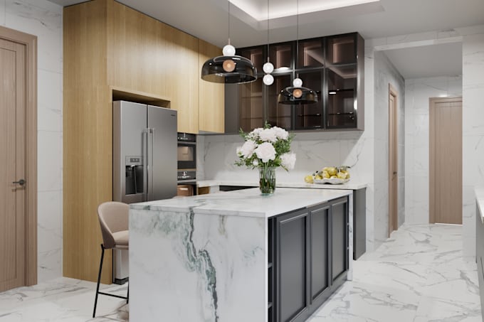 design kitchen interior in 3d and realistic rendering