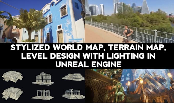 create stylized world map, terrain map, landscape, level design with lighting