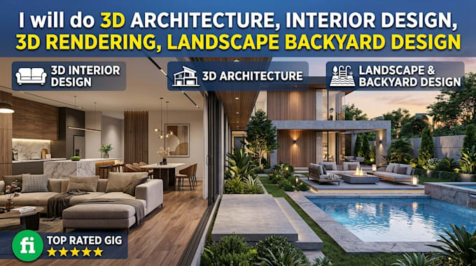 do 3d architecture interior design, 3d rendering, landscape backyard design
