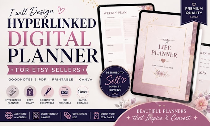 design trending hyperlinked digital planner, and etsy printable planner designs
