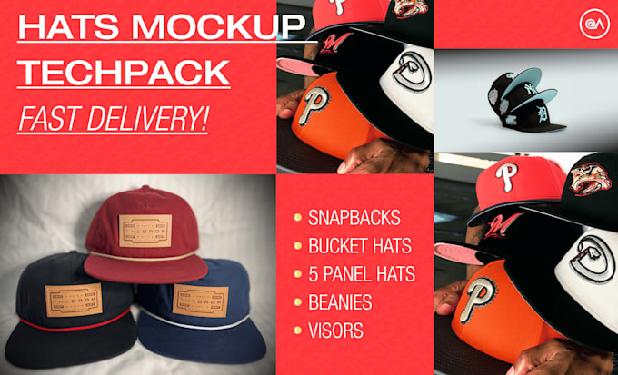 design rope cap, snapback, bucket hat mockup tech pack