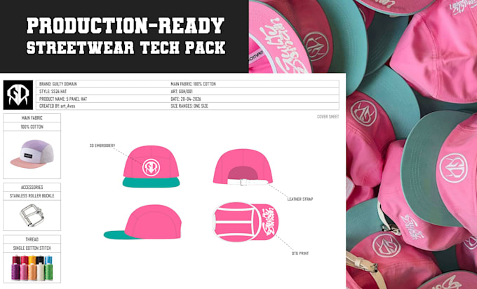 design hat and cap tech pack mockup for manufacturing