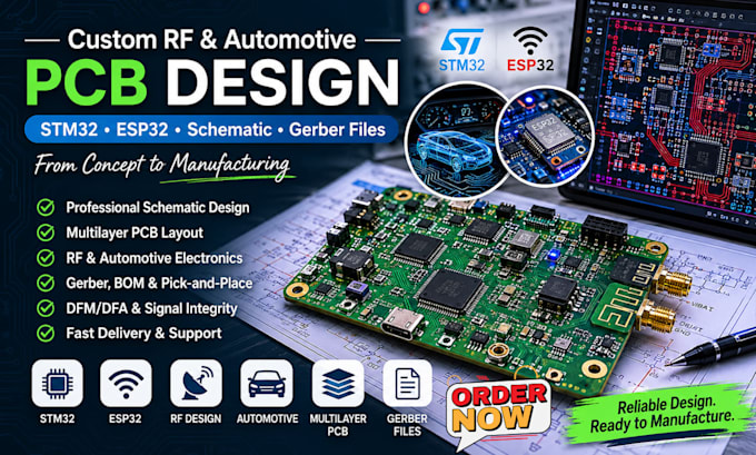 custom rf automotive stm32 pcb layout circuit board schematic esp32 gerber files