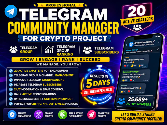 be telegram community manager 20 chatters in crypto project, telegram channel