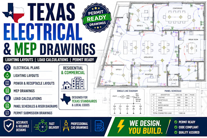 draw texas electrical plans, lightning layouts, mep drawings, load calculations
