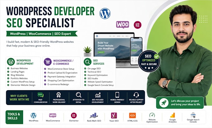 wordpress developer, SEO specialist, woocommerce expert with elementor