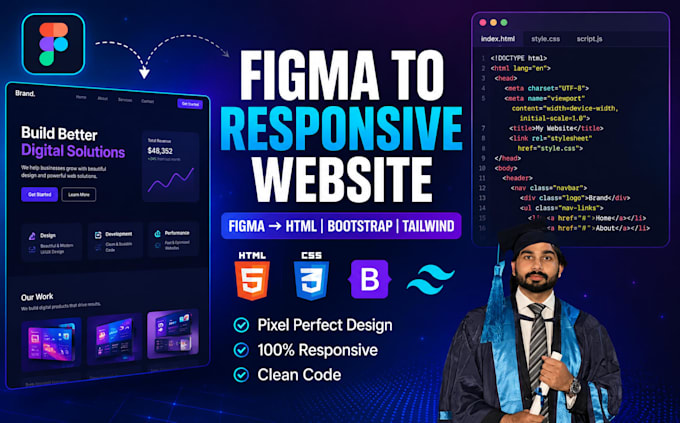 convert your figma design to html bootstrap tailwind CSS responsive website