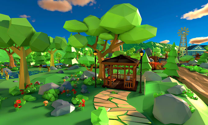create low poly 3d game environment for unreal engine and unity