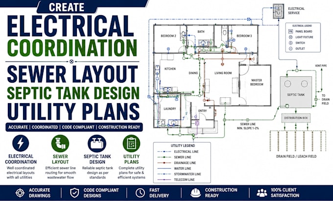 create electrical coordination sewer layout septic tank design utility plans