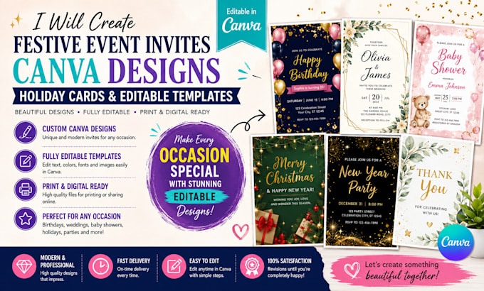 create festive event invites canva design, holiday cards, editable templates