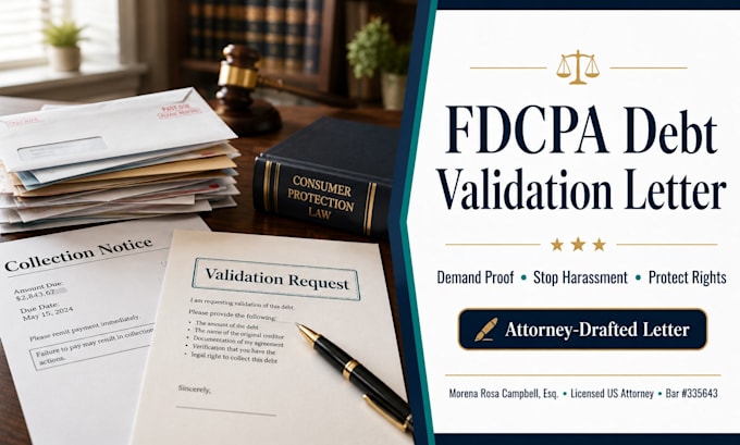 draft an fdcpa debt validation letter as a licensed US attorney