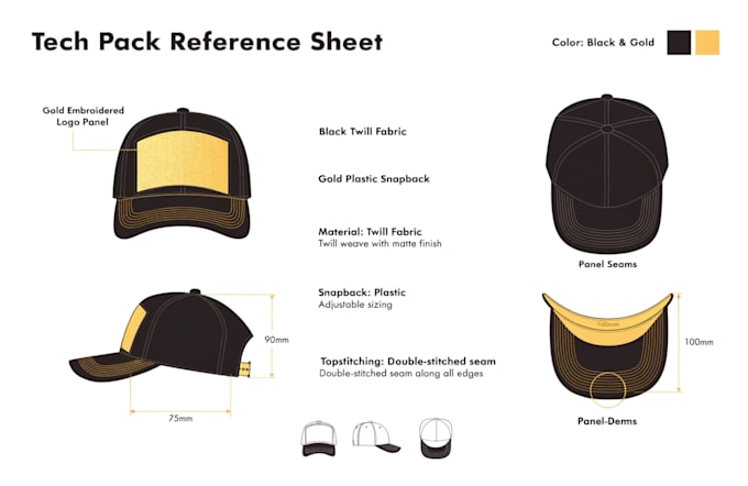 create a cap tech pack, hat design, and 3d headwear tech pack for production