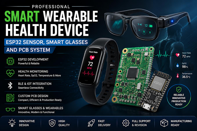 develop smart wearable health device, esp32 sensor, smart glasses and pcb