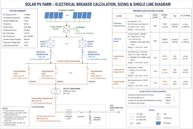 design solar pv farm electrical breaker calculation sizing single line diagram