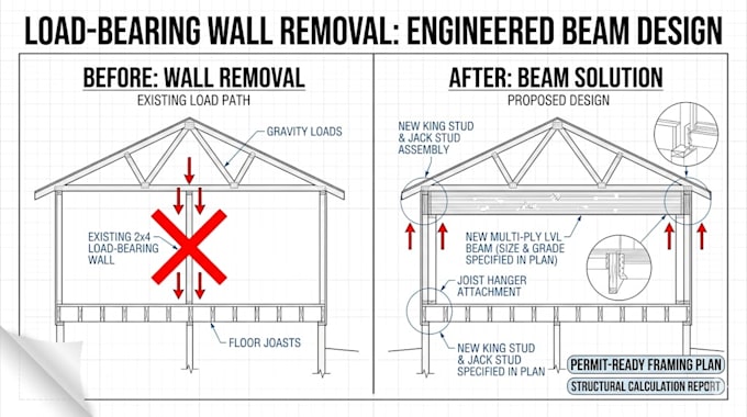 design beam for load bearing wall removal framing plan