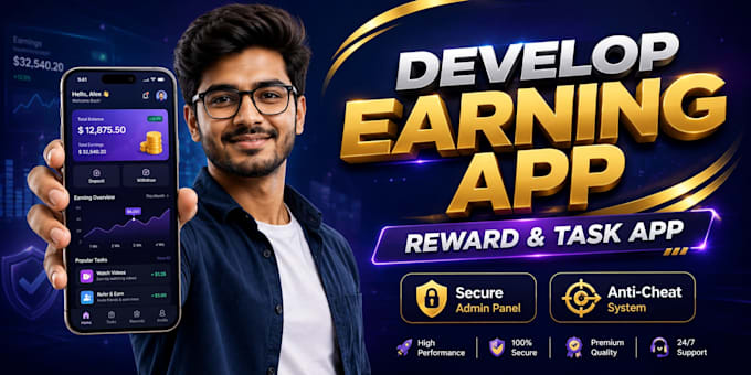 develop earning app, reward app, or task app with admin panel