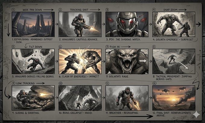 create game cinematic storyboard sequences and cutscenes