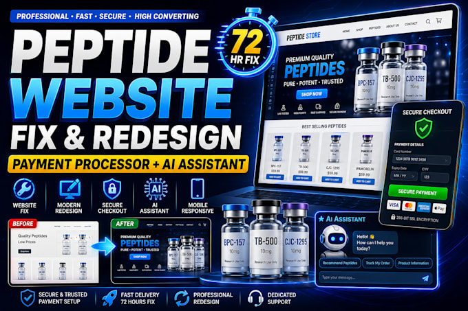 72hrs design peptide website, fix peptide payment processor issues
