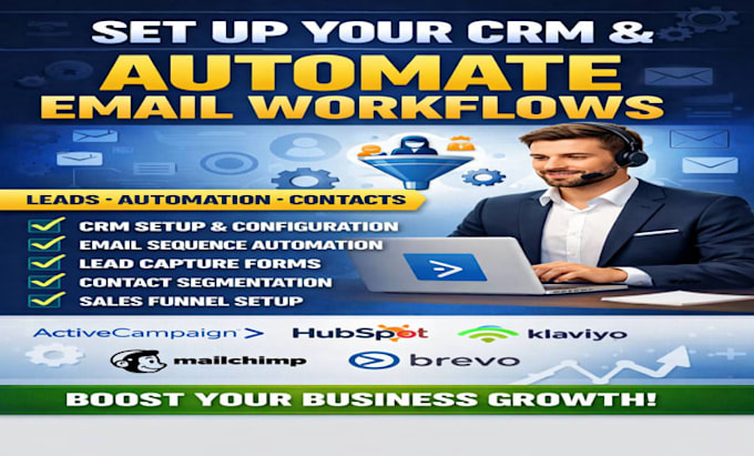 setup your CRM, automate email workflows, lead captured, contact segmentation