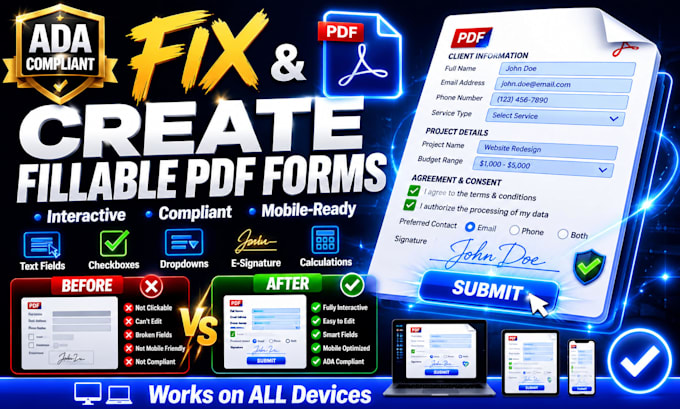create ada compliant interactive fillable PDF forms and fix broken document