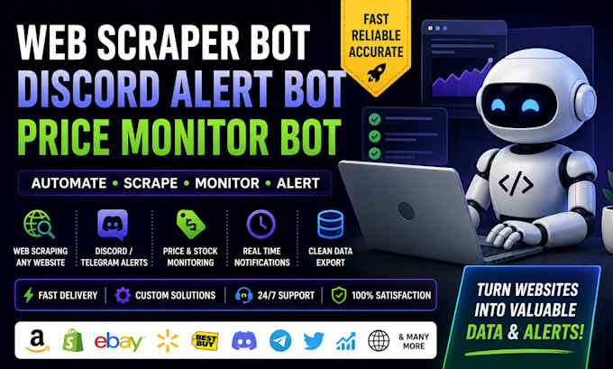 build python web scraping bot, web monitor bot, data scraper bot, alert bot