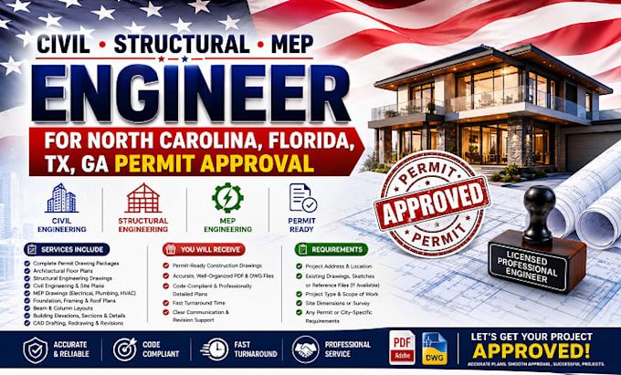 civil structural mep engineer for north caroline florida, tx, ga permit approval