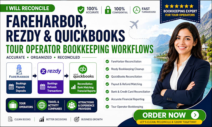 reconcile fareharbor rezdy and quickbooks tour operator bookkeeping workflows