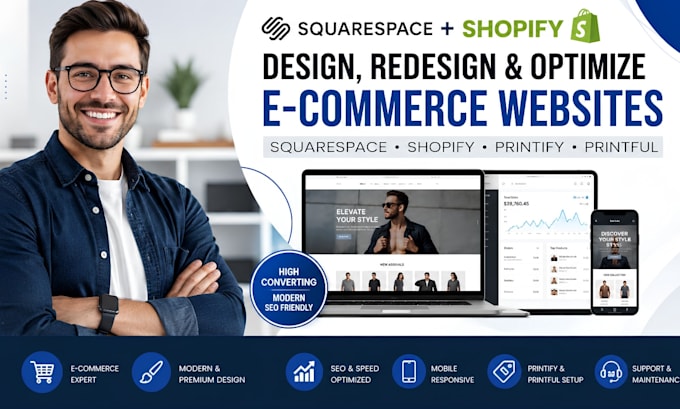 design redesign optimize squarespace shopify printify ecommerce website