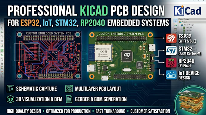 do professional kicad pcb design for esp32, iot, stm32, rp2040 embedded s