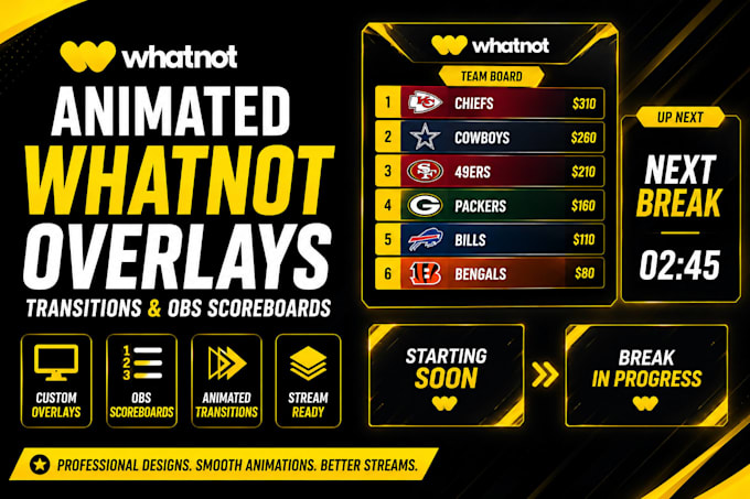 design animated whatnot overlays transitions and obs scoreboards
