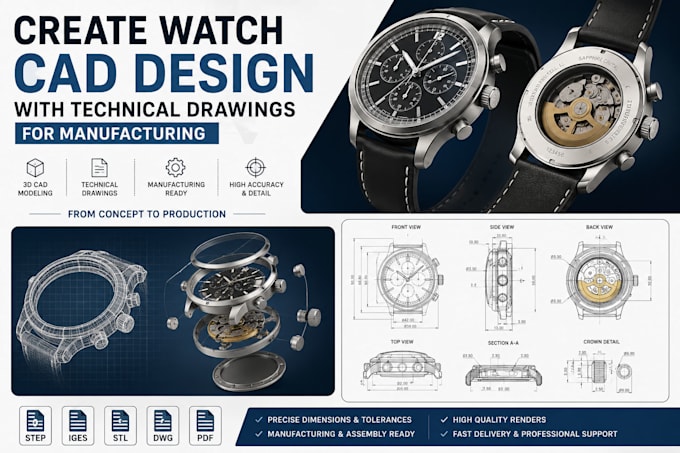 create watch cad design with technical drawings for manufacturing